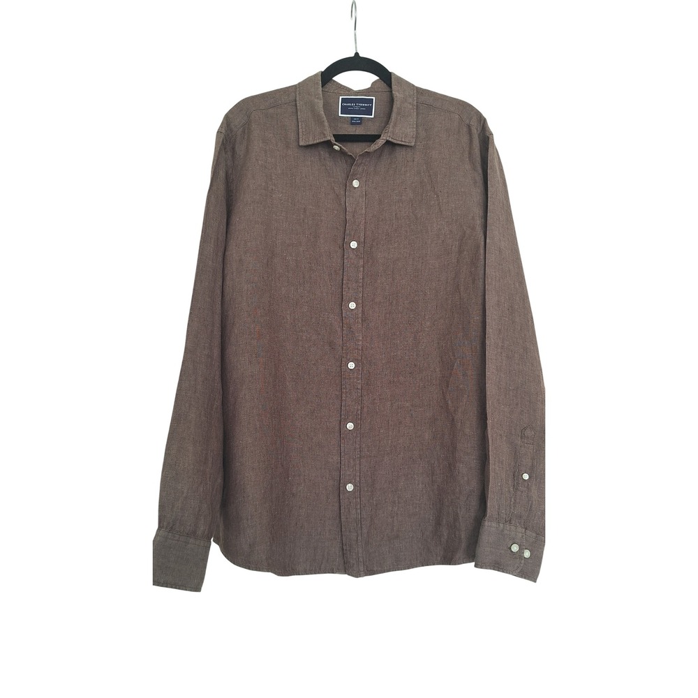 Charles Tyrwhitt Mens Slim Fit 100% Linen Long Sleeve Shirt Brown XL